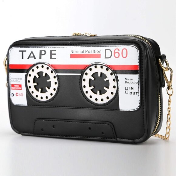 Retro Tape Shaped PU Evening Purse Women's Crossbody Bag 8.27x1.97x5.12-Inch Bla - Picture 2 of 5